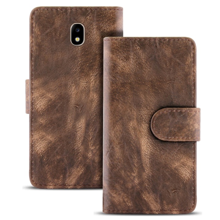 Husa Vintage cu compartiment pentru carduri, pentru Samsung Galaxy J7 (2017) J730, Piele ecologica, Maro