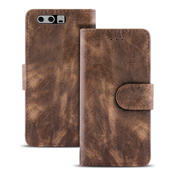 Husa Vintage cu compartiment pentru carduri, pentru Huawei P10 Plus, Piele ecologica, Maro
