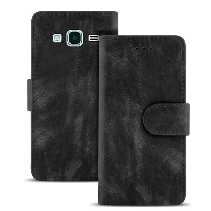 Husa Vintage cu compartiment pentru carduri, pentru Samsung Galaxy J3 (2016), Piele ecologica, Negru