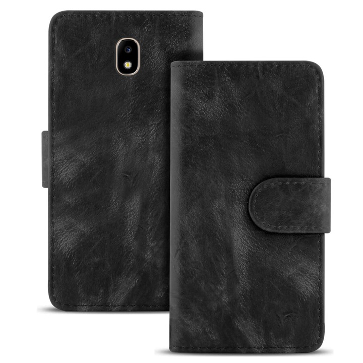 Husa Vintage cu compartiment pentru carduri, pentru Samsung Galaxy J7 (2017) J730, Piele ecologica, Negru
