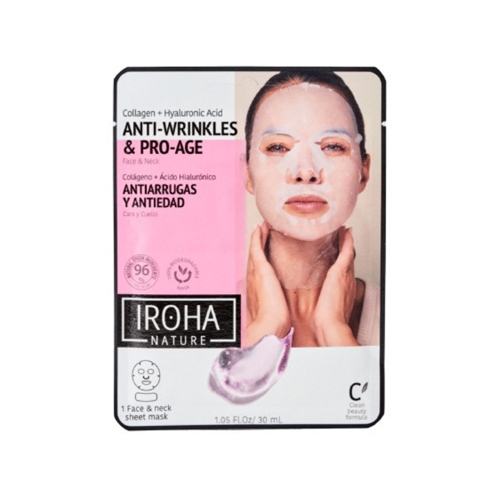 Маска за лице и шия Iroha, С колаген, 100% биоразградима маска