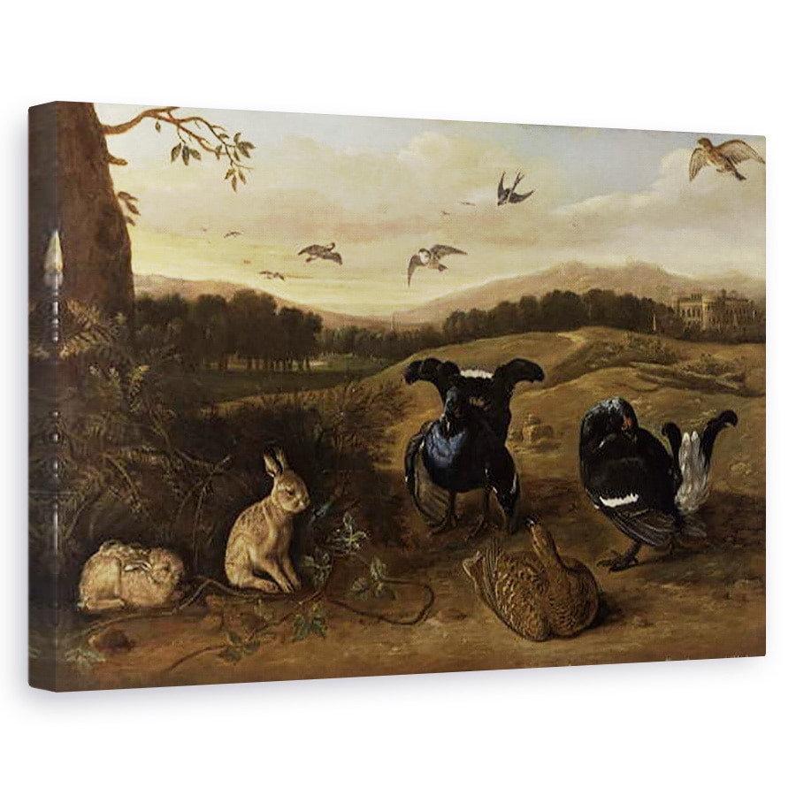 Tablou canvas - Leonard Knyff - Joc negru, iepuri si randunici intr-un parc, 60 x 90 cm