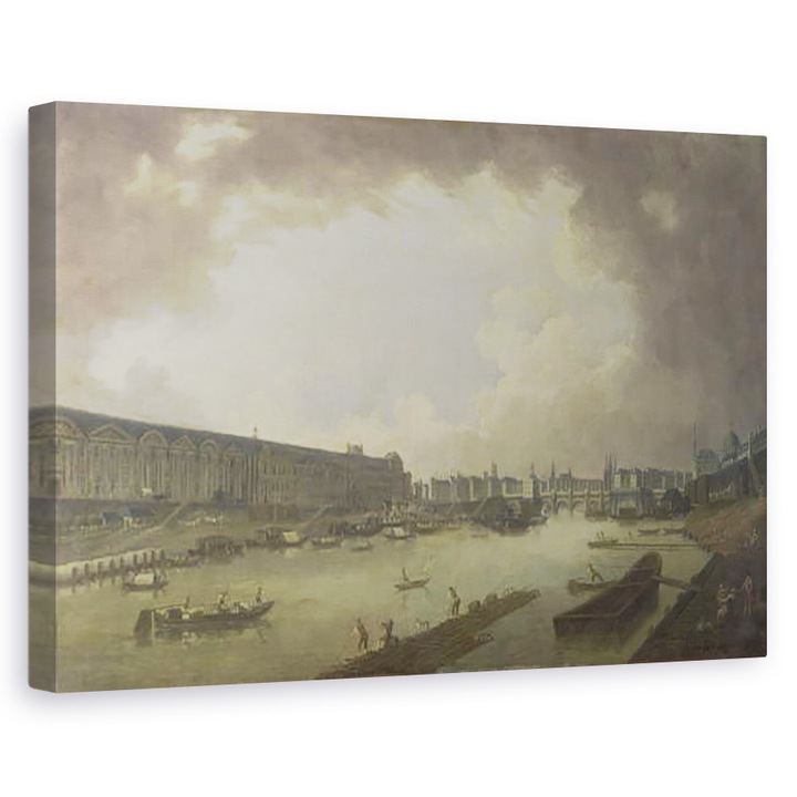 Tablou canvas - Pierre Antoine Demachy - Vedere de Pont Neuf si Galeriile de Luvru de la Pont Royal, 60 x 90 cm