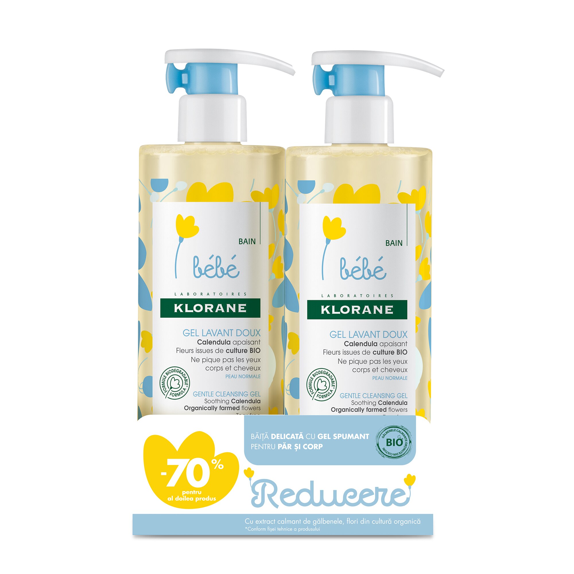 Gel spumant pentru par si corp Klorane Bebe, 2x500 ml