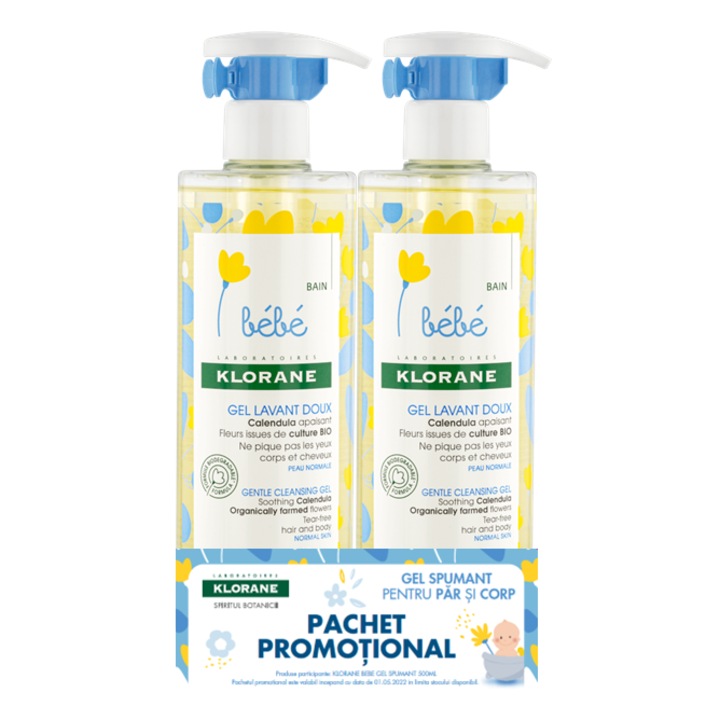 Gel spumant pentru par si corp Klorane Bebe, 2x500 ml