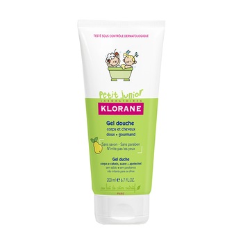 Gel de dus spumant 2 in 1 pentru par si corp cu aroma de pere Klorane Junior, 200 ml Gel de dus spumant 2 in 1 pentru par si corp cu aroma de pere Klorane Junior, 200 ml