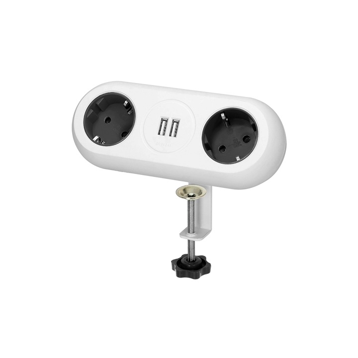 Мебелен контакт ORNO OR-AE-13133(GS)/W с монтажна скоба, 2 шуко контакта, 2 x USB, дължина на кабела 1,4 м, бял