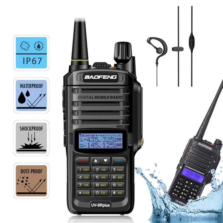 Baofeng walkie talkie, 10 W, Kétsávos, 136 - 174 MHz / 400-520 Mhz, UV-9R PLUS