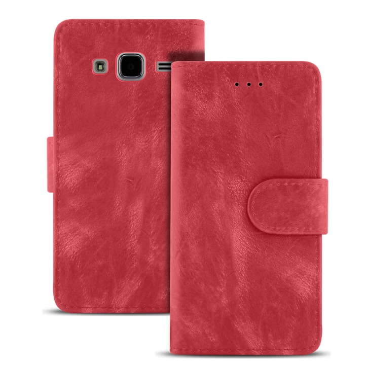 Husa Vintage cu compartiment pentru carduri, pentru Samsung Galaxy J3, Piele ecologica, Rosu