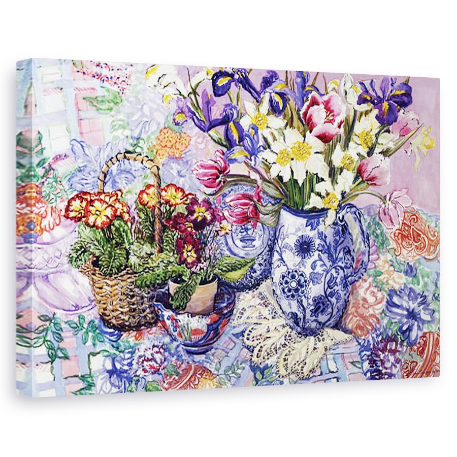 Tablou canvas - Joan Thewsey - Narcisele, lalele si Iris intr-un ulcior Jacobean Albastru si Alb cu material Sanderson si Primrose, 40 x 60 cm