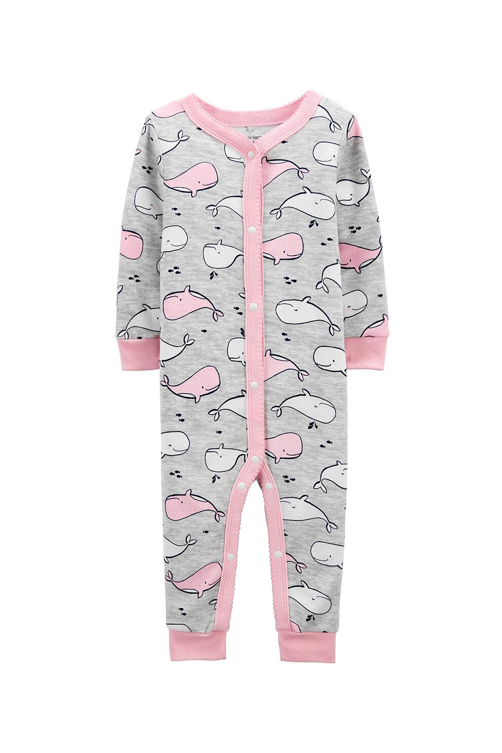 Carter's, Combinezon cu maneci lungi si model cu balene, Gri melange/Roz pastel