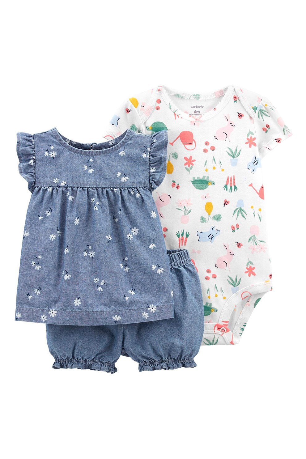 Carter's, Set de imbracaminte din bumbac - 3 piese, fete, cu imprimeu, Albastru prafuit/Alb/Verde, Albastru prafuit/Alb/Verde