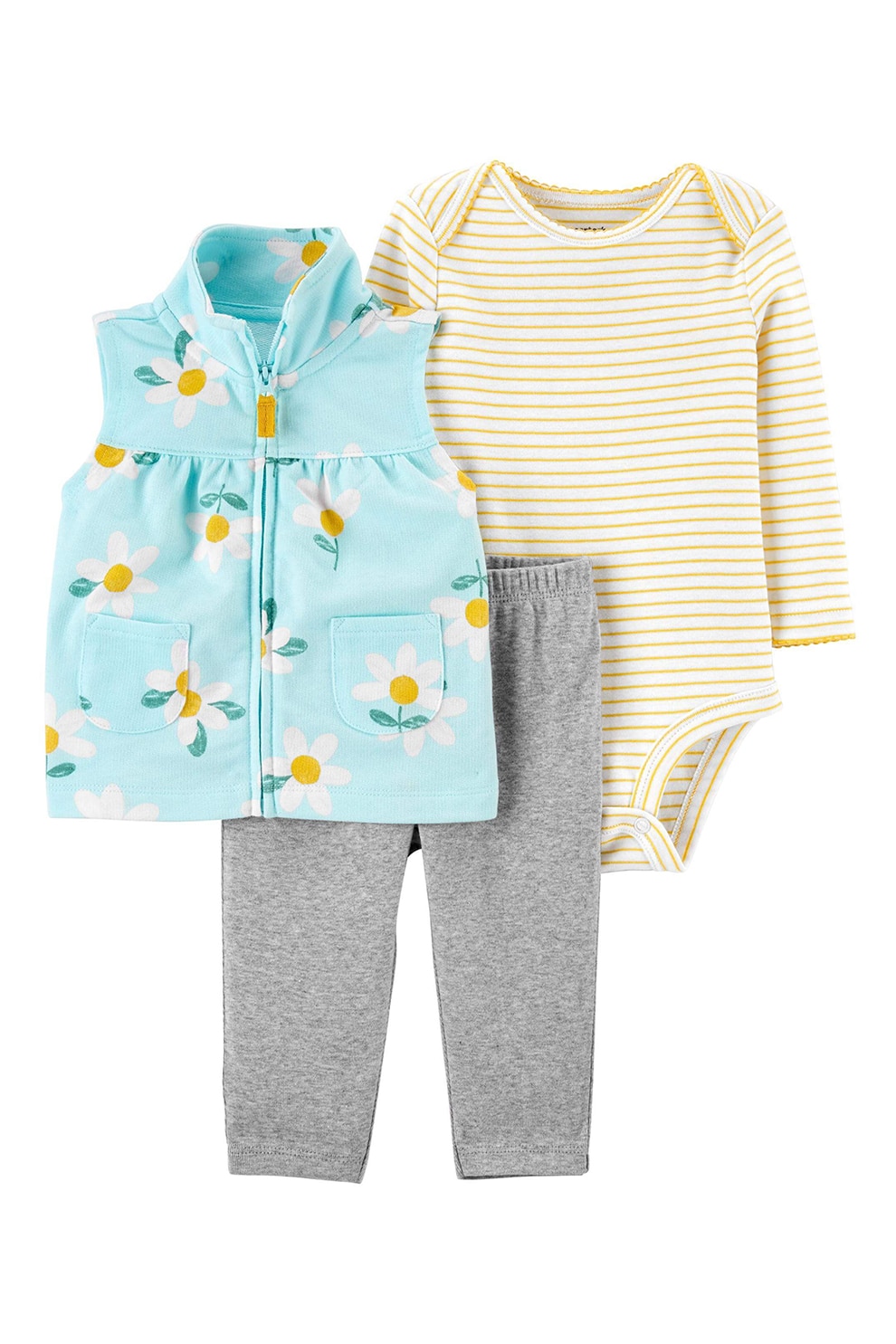 Carter's, Set de vesta, body si pantaloni cu imprimeuri variate, Albastru aqua/gri/galben