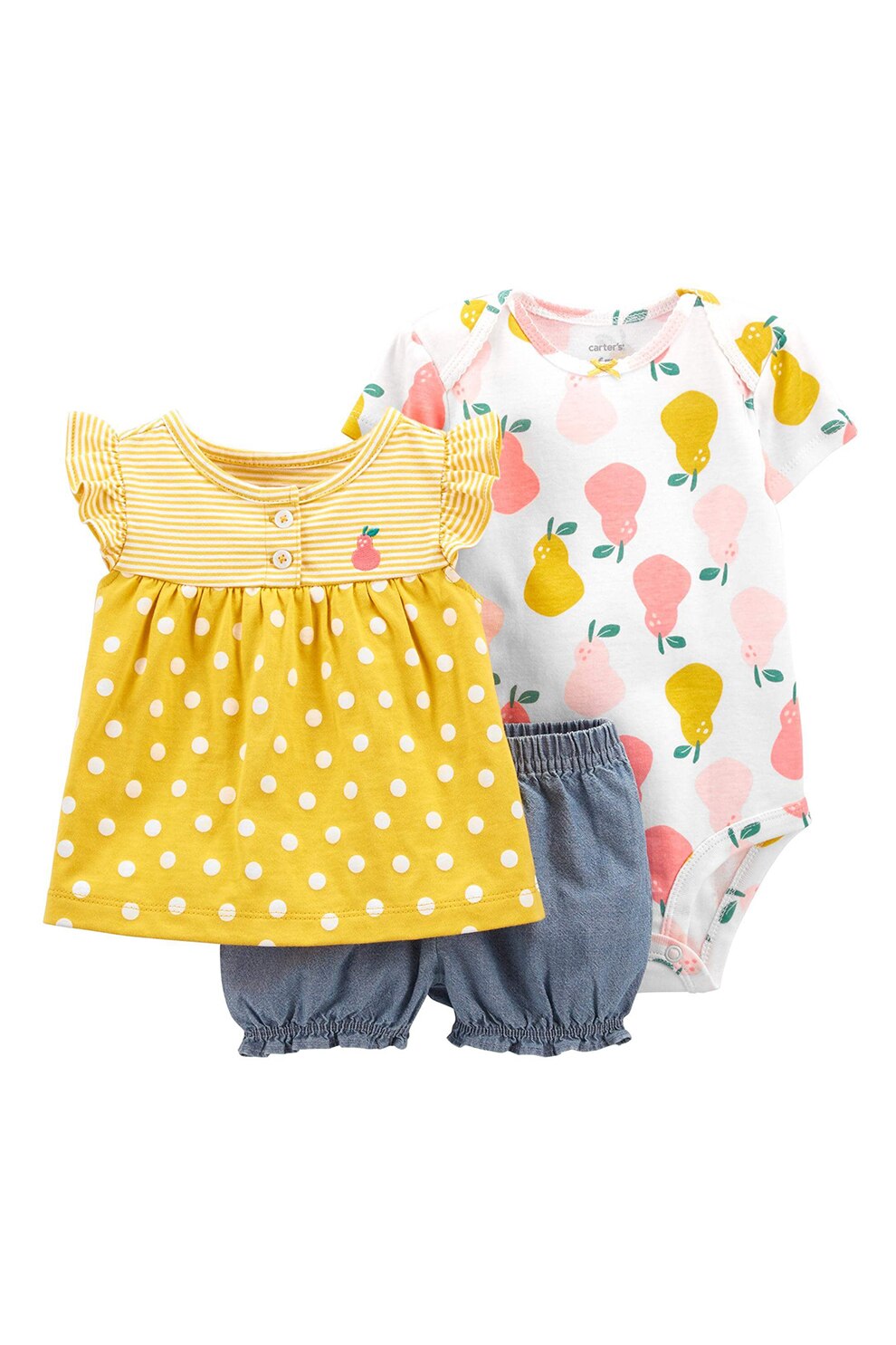 Carter's, Set de body, tricou si pantaloni scurti - 3 piese, fete, cu imprimeu, Galben sofran/alb/albastru prafuit, Galben sofran/alb/albastru prafuit