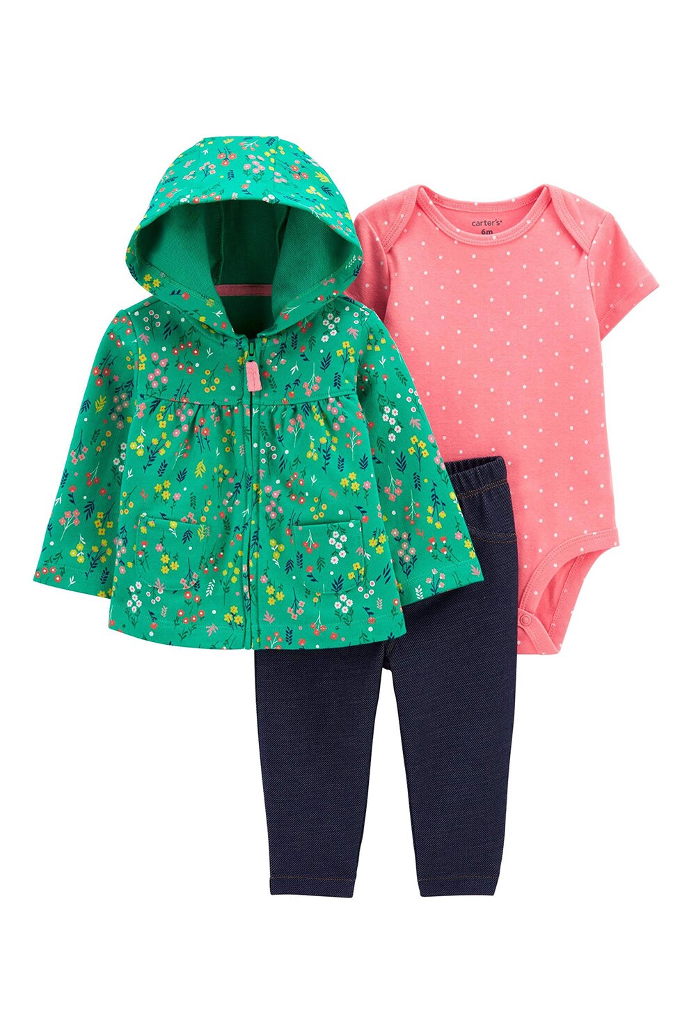 Carter's, Set de imbracaminte din amestec de bumbac - 3 piese, fete, cu imprimeu, Verde/Roz/Bleumarin, Verde/Roz/Bleumarin