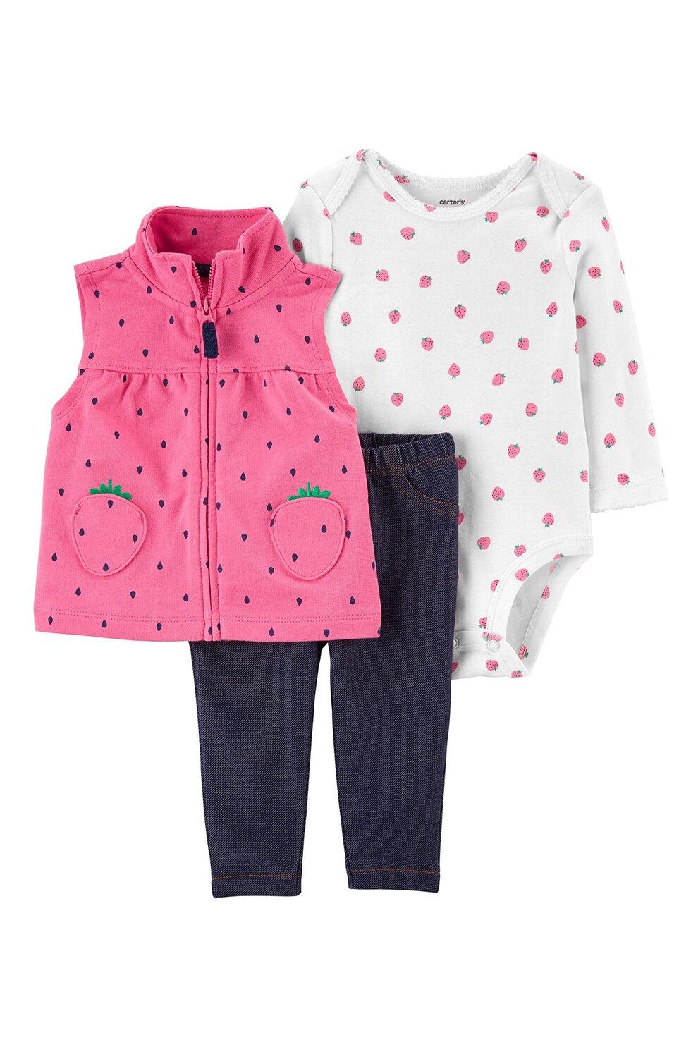 Carter's, Set de vesta, body si pantaloni - 3 piese, cu motive cu capsuni, Roz/Bleumarin/Alb, Roz/Bleumarin/Alb, 67-72 CM