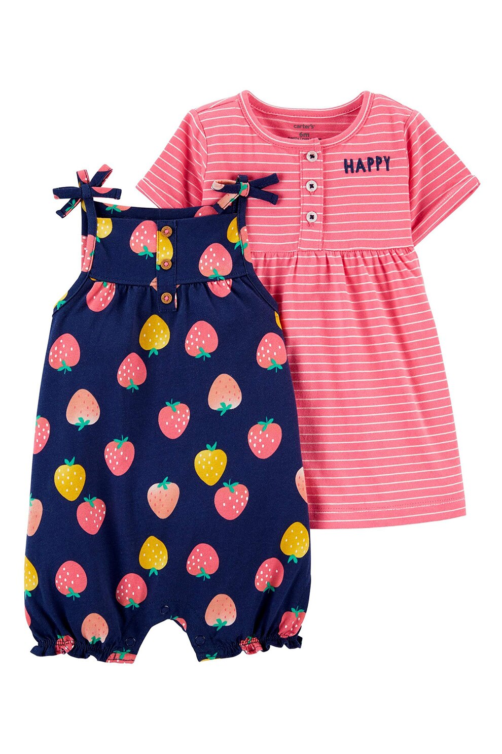 Carter's, Set de salopeta, rochie si chiloti - 3 piese, cu capsune si dungi, Roz aprins/Bleumarin, Roz aprins/Bleumarin