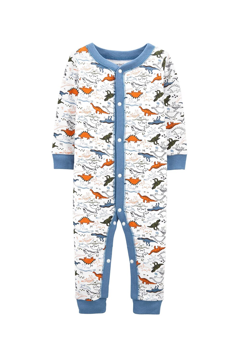 Carter's, Combinezon cu maneci lungi si model cu dinozauri, Alb/albastru prafuit/oranj mandarina