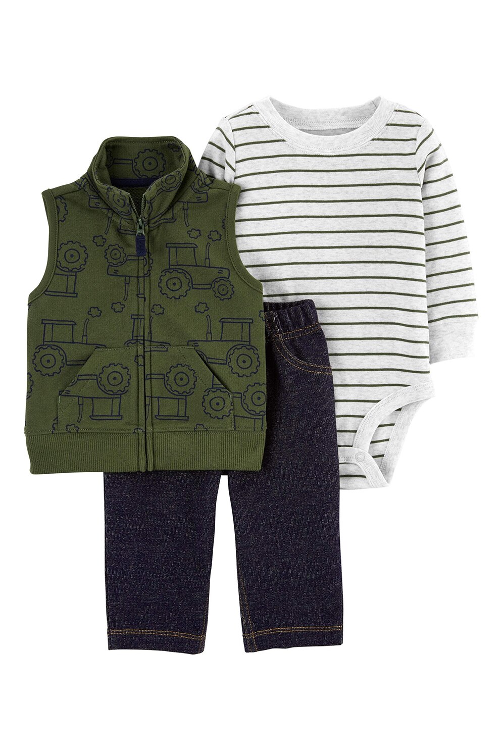 Carter's, Set de body, pantaloni si vesta, Verde militar/Bleumarin/Alb