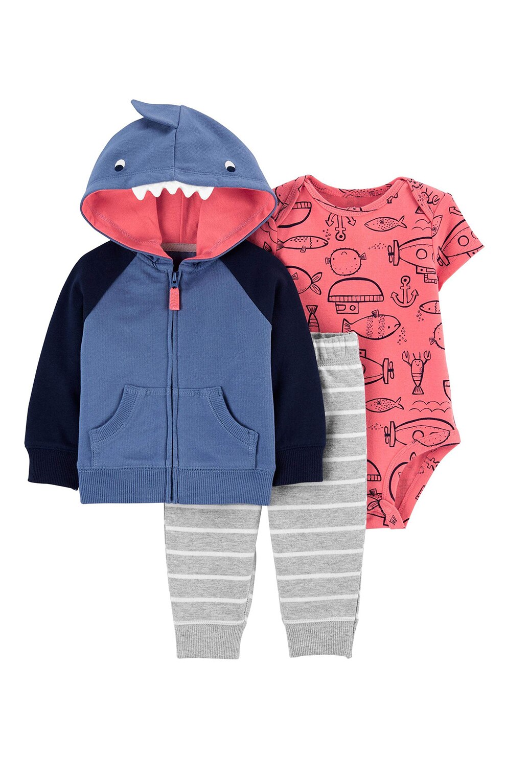 Carter's,Set de imbracaminte din bumbac - 3 piese, fete, cu imprimeu grafic, Albastru prafuit/roz aprins/gri, Albastru prafuit/roz aprins/gri