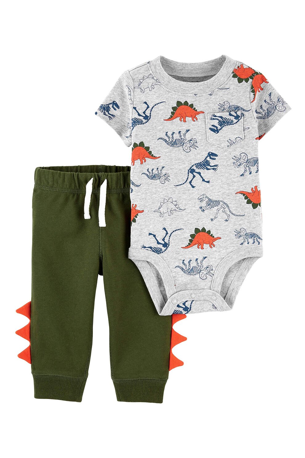 Carter's, Set de body si pantaloni din bumbac - 2 piese, baieti, cu imprimeu dinozauri, Gri/verde militar/oranj mandarina, Gri/verde militar/oranj mandarina