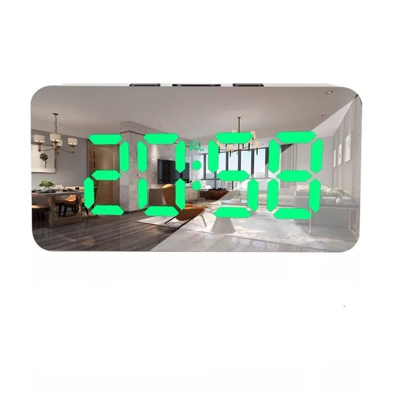 Ceas Digital Cu Afisaj LED verde, Display Oglinda , Alarma, carcasa neagra