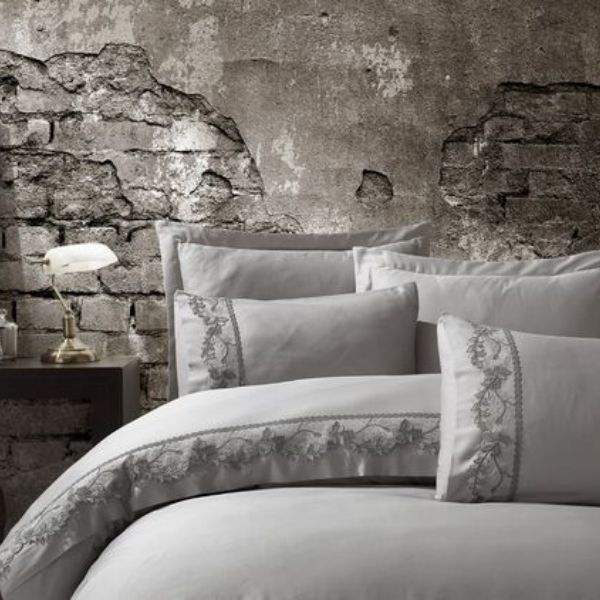 Lenjerie de pat brodata Yona Gri, de lux, 6 piese, 200x220 / 50x70, 100% bumbac satinat