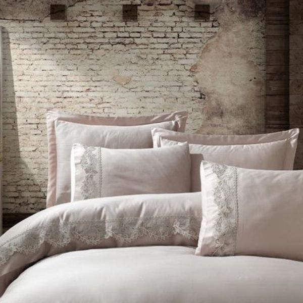 Lenjerie de pat brodata Yona Bej, de lux, 6 piese, 200x220 / 50x70, 100% bumbac satinat