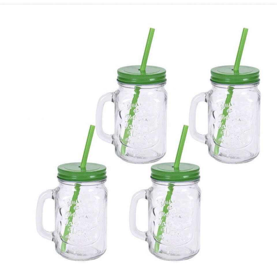 Set 4 borcane cu paie, sticla, 500ml, verde