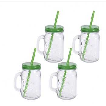 Set 4 borcane cu paie, sticla, 500ml, verde Set 4 borcane cu paie, sticla, 500ml, verde