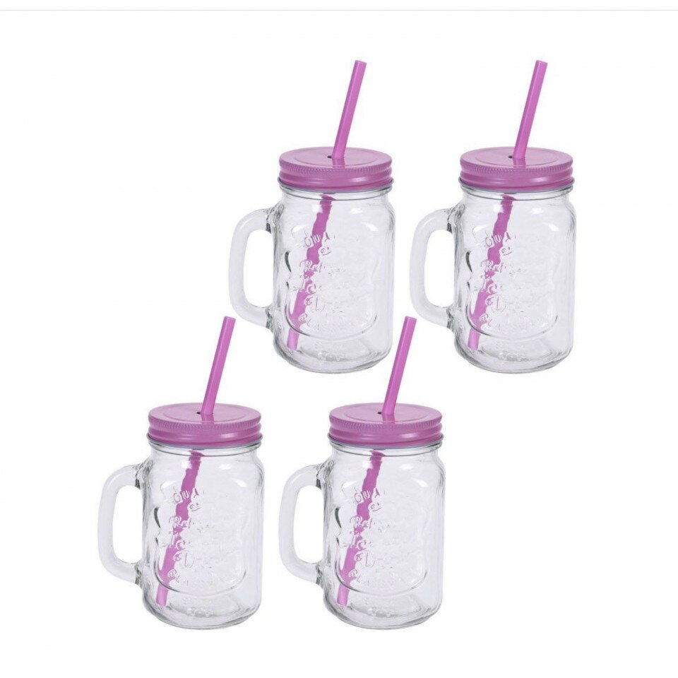Set 4 borcane cu paie, sticla, 500ml, roz