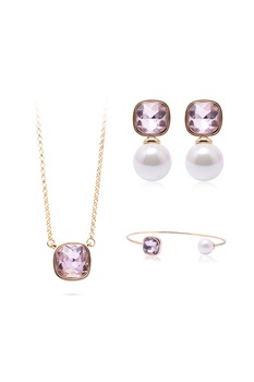 Annie Rosewood, Set de cercei placati cu aur, bratara rigida si colier cu perle si cristale, Auriu Annie Rosewood, Set de cercei placati cu aur, bratara rigida si colier cu perle si cristale, Auriu