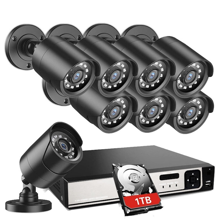 Комплект за видеонаблюдение Ej-Products, Външен и вътрешен, 8 канала, 5 MP, 8 камери, Преглед в реално време, Интелигентно възпроизвеждане, Незабавно предупреждение по имейл с изображения, 1TB Hard
