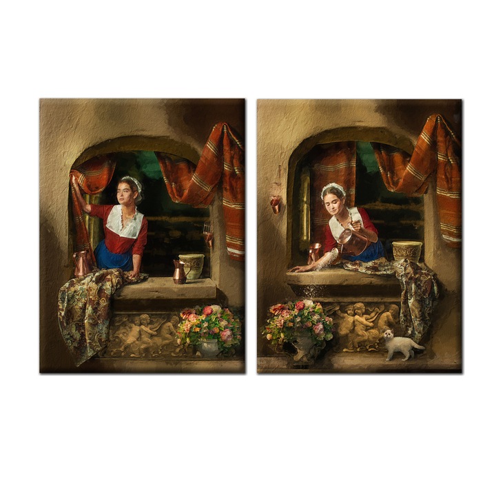 Set doua tablouri canvas Fata uda florile, limited edition, colectie Ruseasca licentiata, Painted, 130x100 cm