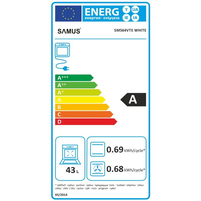 Aragaz electric Samus SM564VTE WHITE, Plita vitroceramica, 4 zone de gatit, 10 functii cuptor, Grill, Convectie 3D, 56 L, Timer, 49.8x61 cm