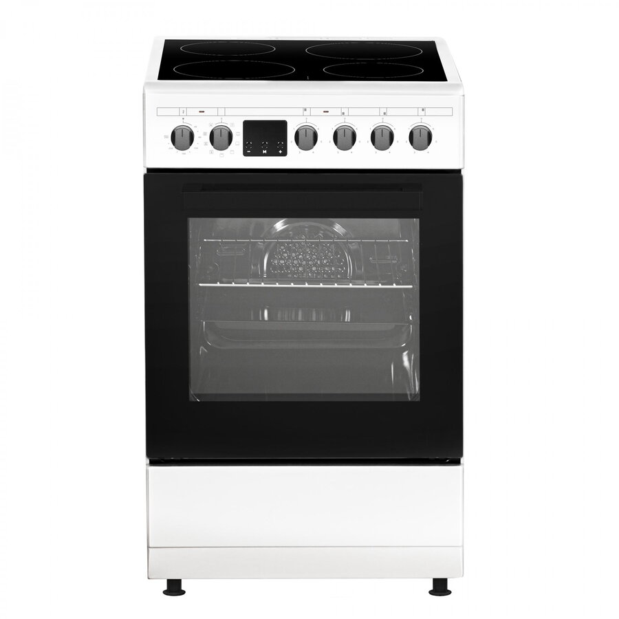Aragaz electric Samus SM564VTE WHITE, Plita vitroceramica, 4 zone de gatit, 10 functii cuptor, Grill, Convectie 3D, 56 L, Timer, 49.8x61 cm
