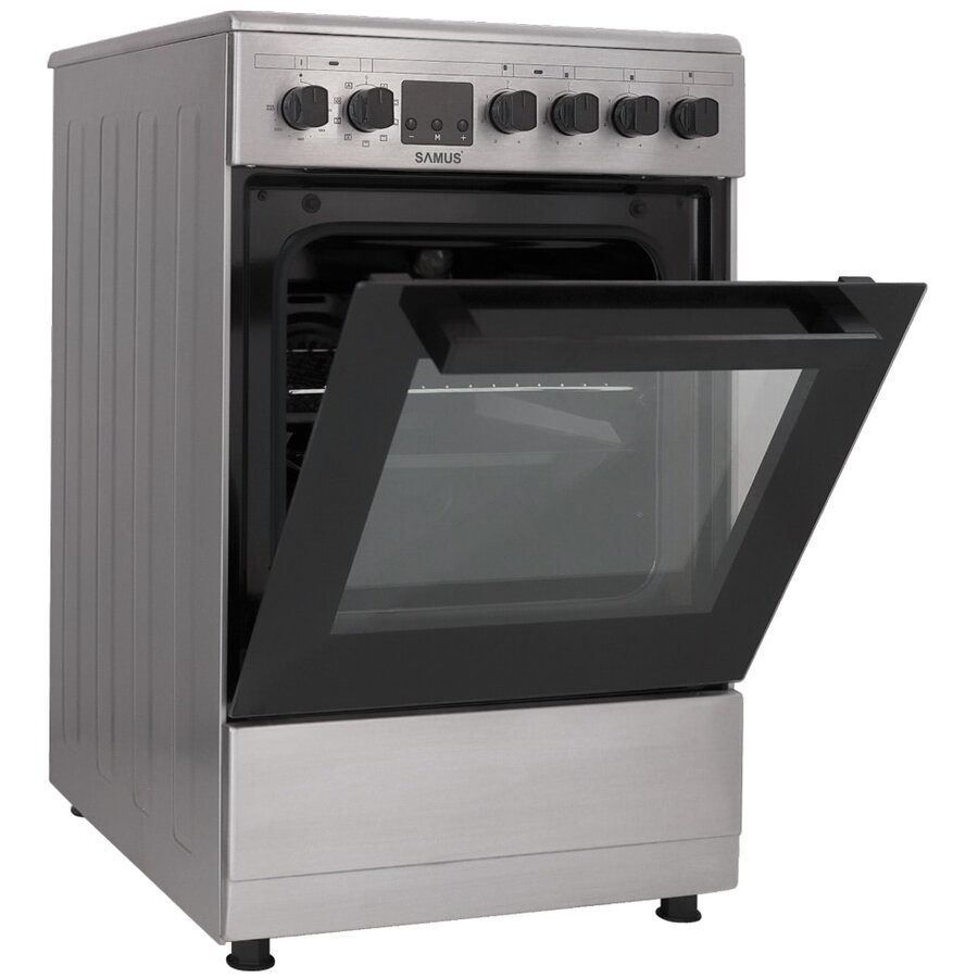 Aragaz Samus SM564VTE INOX, Electric, 4 arzatoare, 10 functii cuptor, grill, convectie 3D, timer digital, lumina interioara, inox