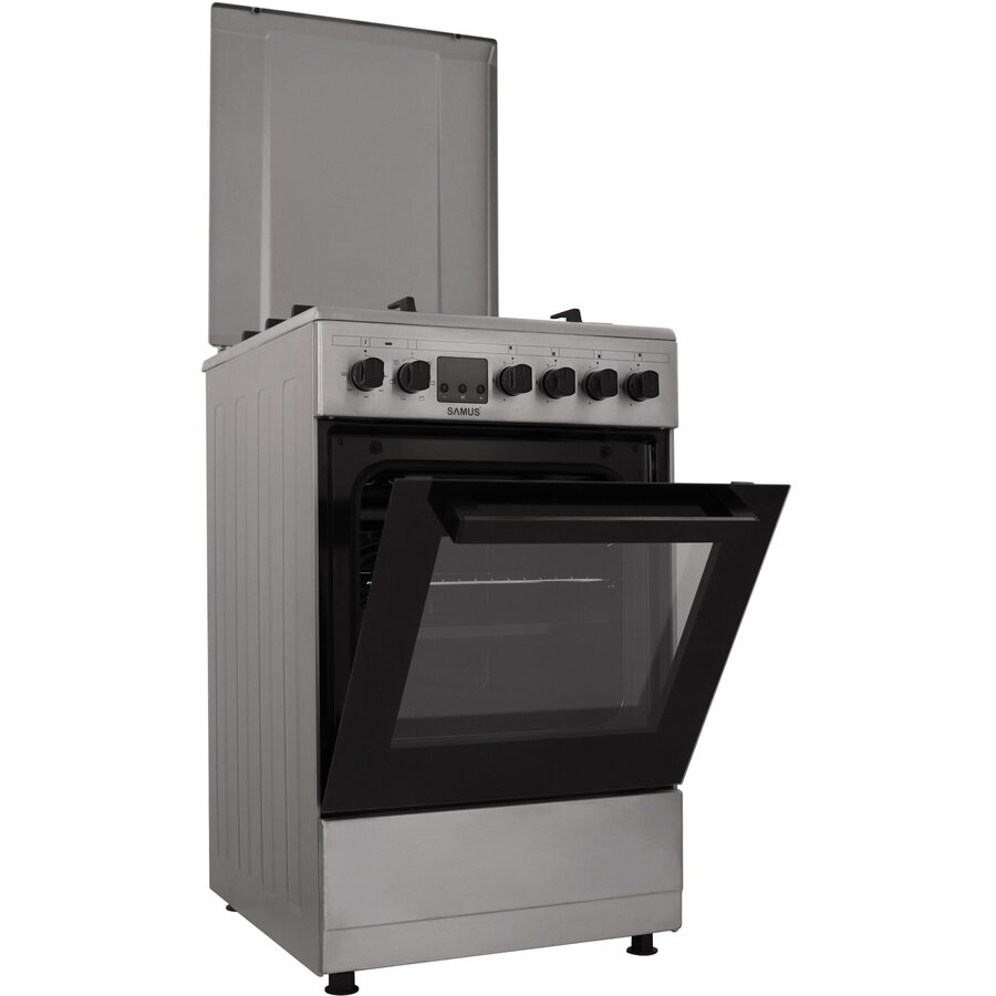 Aragaz Samus SM563AENS, 4 Arzatoare Gaz, Cuptor electric, 43 L, 7 Functii, Grill, Aprindere electrica, Inox
