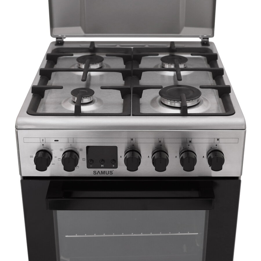 Aragaz Samus SM563AENS, 4 Arzatoare Gaz, Cuptor electric, 43 L, 7 Functii, Grill, Aprindere electrica, Inox
