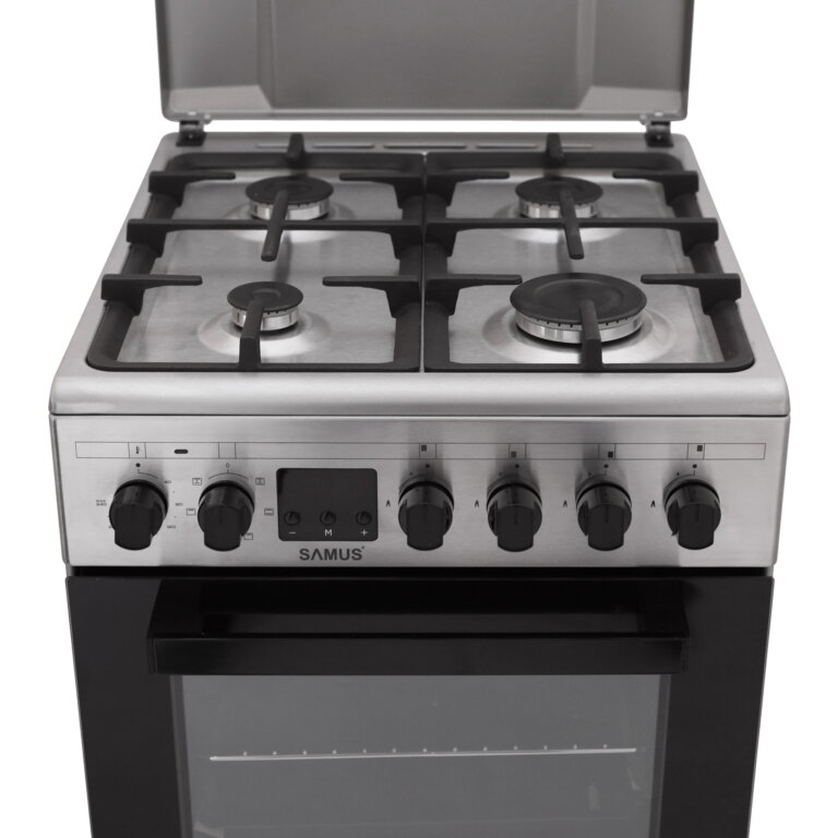 Aragaz Samus SM563AENS, 4 Arzatoare Gaz, Cuptor electric, 43 L, 7 Functii, Grill, Aprindere electrica, Inox