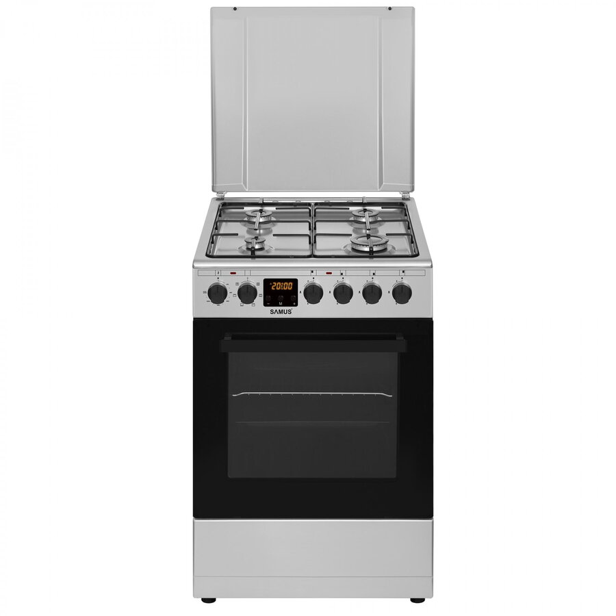 Aragaz Samus SM563AENS, 4 Arzatoare Gaz, Cuptor electric, 43 L, 7 Functii, Grill, Aprindere electrica, Inox