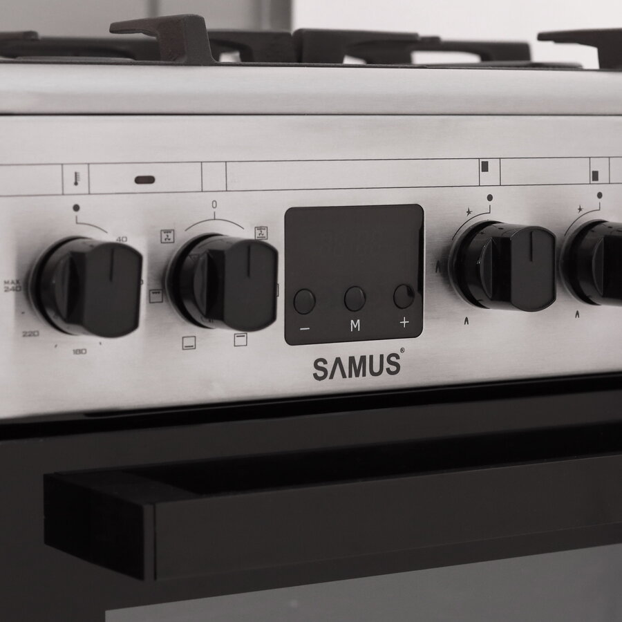 Aragaz Samus SM563AENS, 4 Arzatoare Gaz, Cuptor electric, 43 L, 7 Functii, Grill, Aprindere electrica, Inox