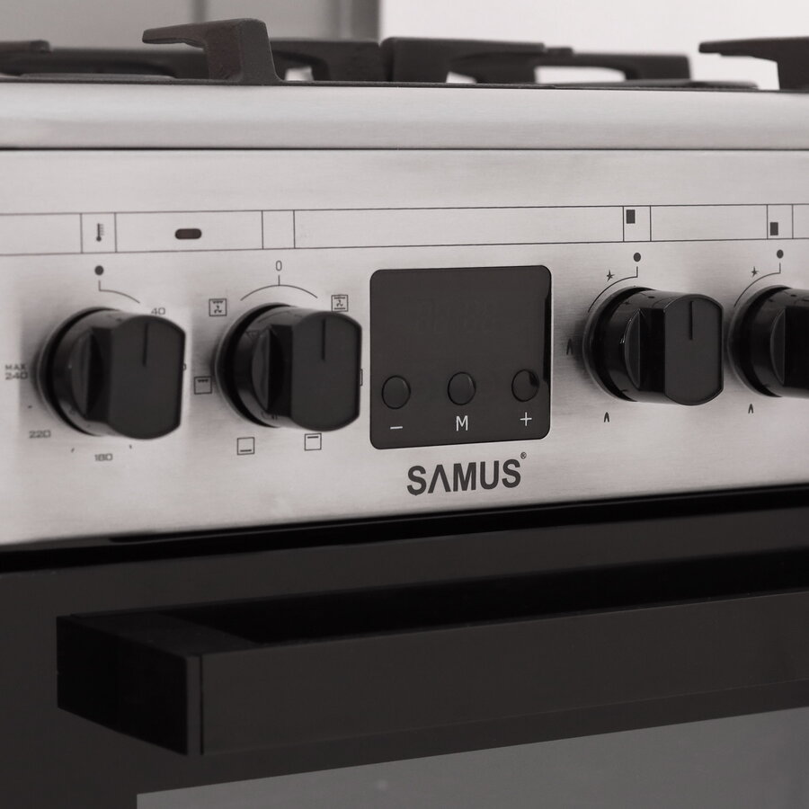 Aragaz Samus SM563AENS, 4 Arzatoare Gaz, Cuptor electric, 43 L, 7 Functii, Grill, Aprindere electrica, Inox