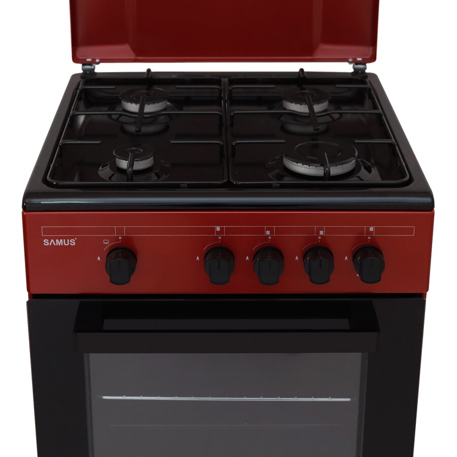 Aragaz Samus SM566APGS, 4 Arzatoare gaz, Cuptor Gaz, 49 L, Burgundy/Negru