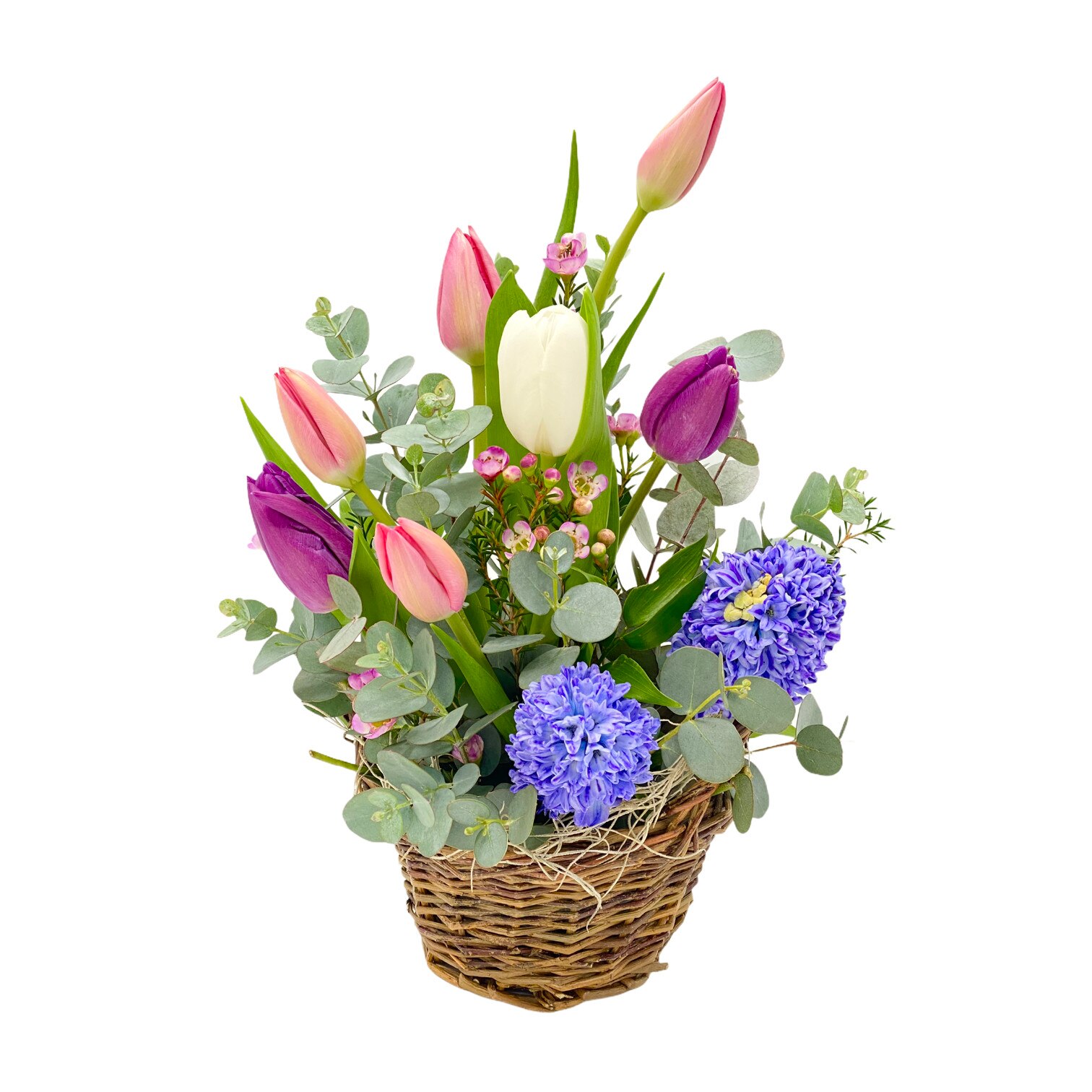 Buchet in cos de Primavara, Floraria Amazon, zambile, lalele, multicolor