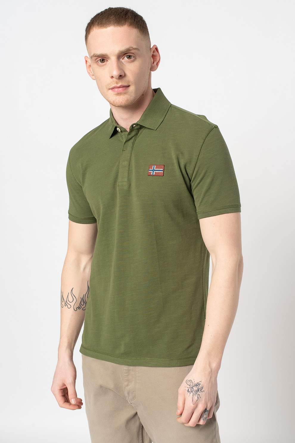 Napapijri, Tricou polo din pique cu aplicatie logo Ebea, Verde militar, S