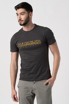 Napapijri, Tricou cu decolteu la baza gatului si logo Sallar, Gri inchis Napapijri, Tricou cu decolteu la baza gatului si logo Sallar, Gri inchis