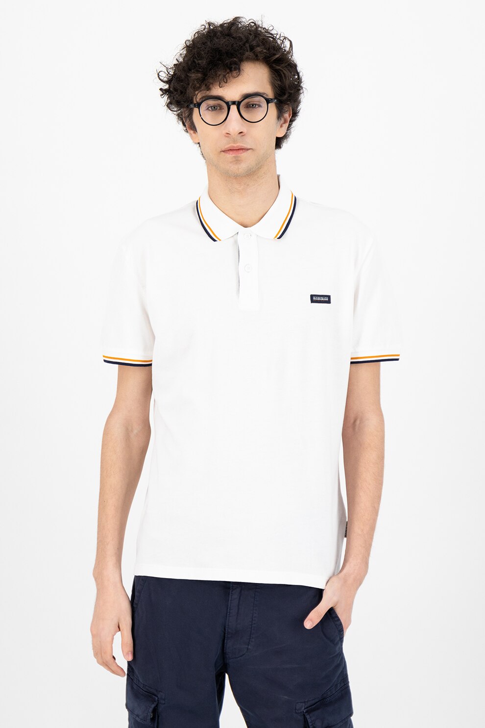 Napapijri, Tricou polo din material pique Taly, Alb optic/Bleumarin/Oranj