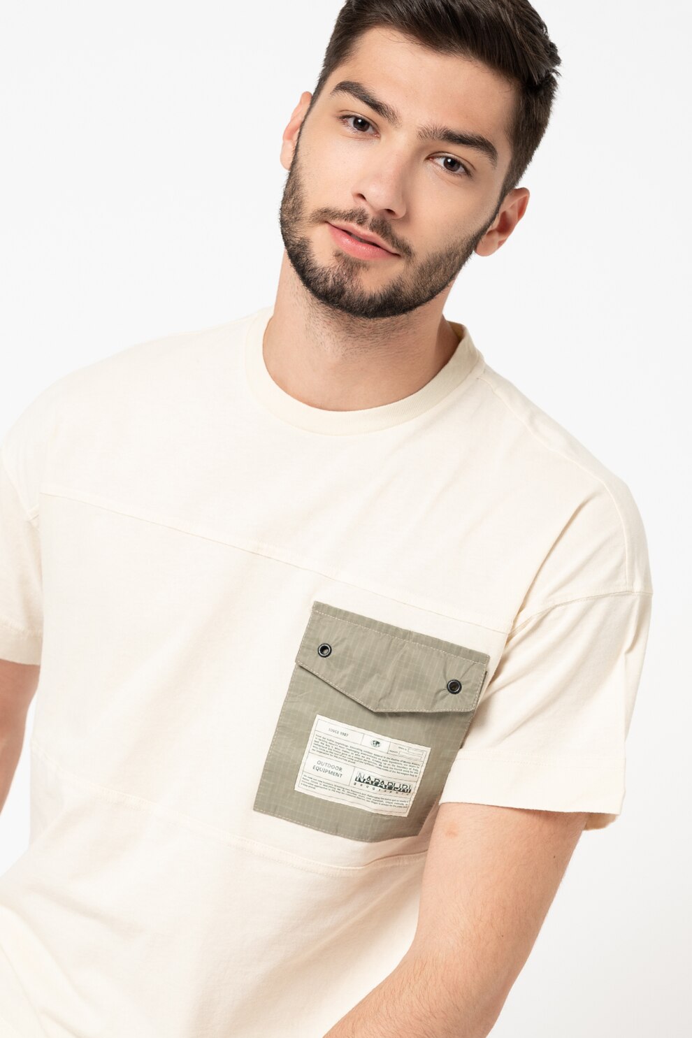 Napapijri, Tricou cu maneci cazute si buzunar aplicat pe piept Honolulu, Crem/Grej