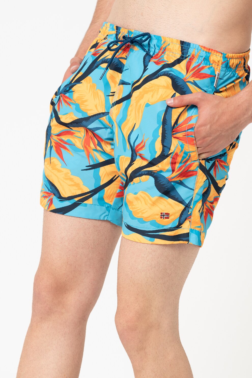 Napapijri, Pantaloni scurti de baie cu model tropical Vali, Albastru/Oranj pal, 3XL